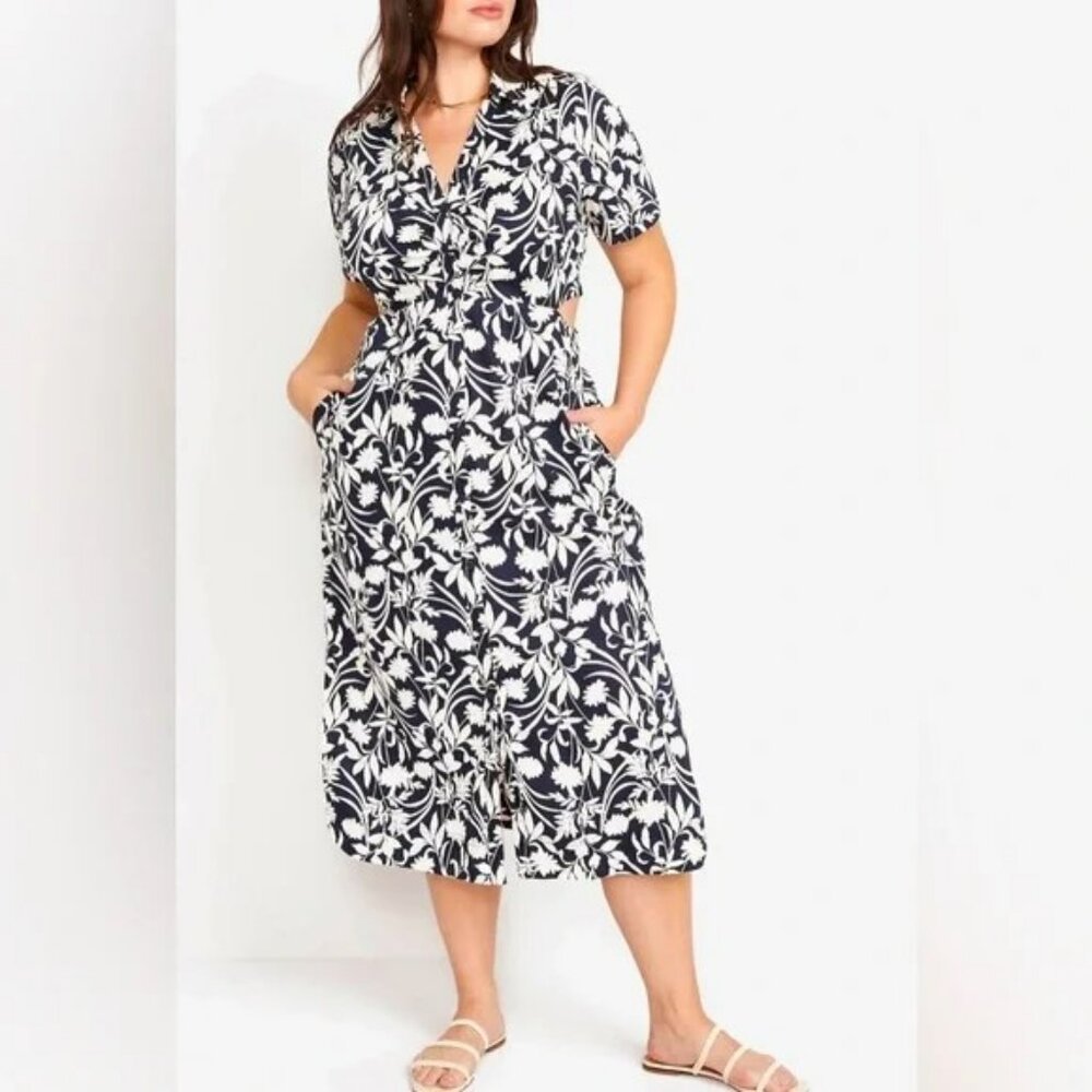 Old Navy Blue and Cream Floral Button Up Midi Shirt Dress with Cutouts NWT XL